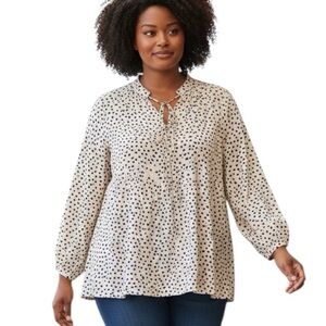 Boden Navy Blue Polka Dot Tie Front Pleated Babydoll Blouse Silky 14